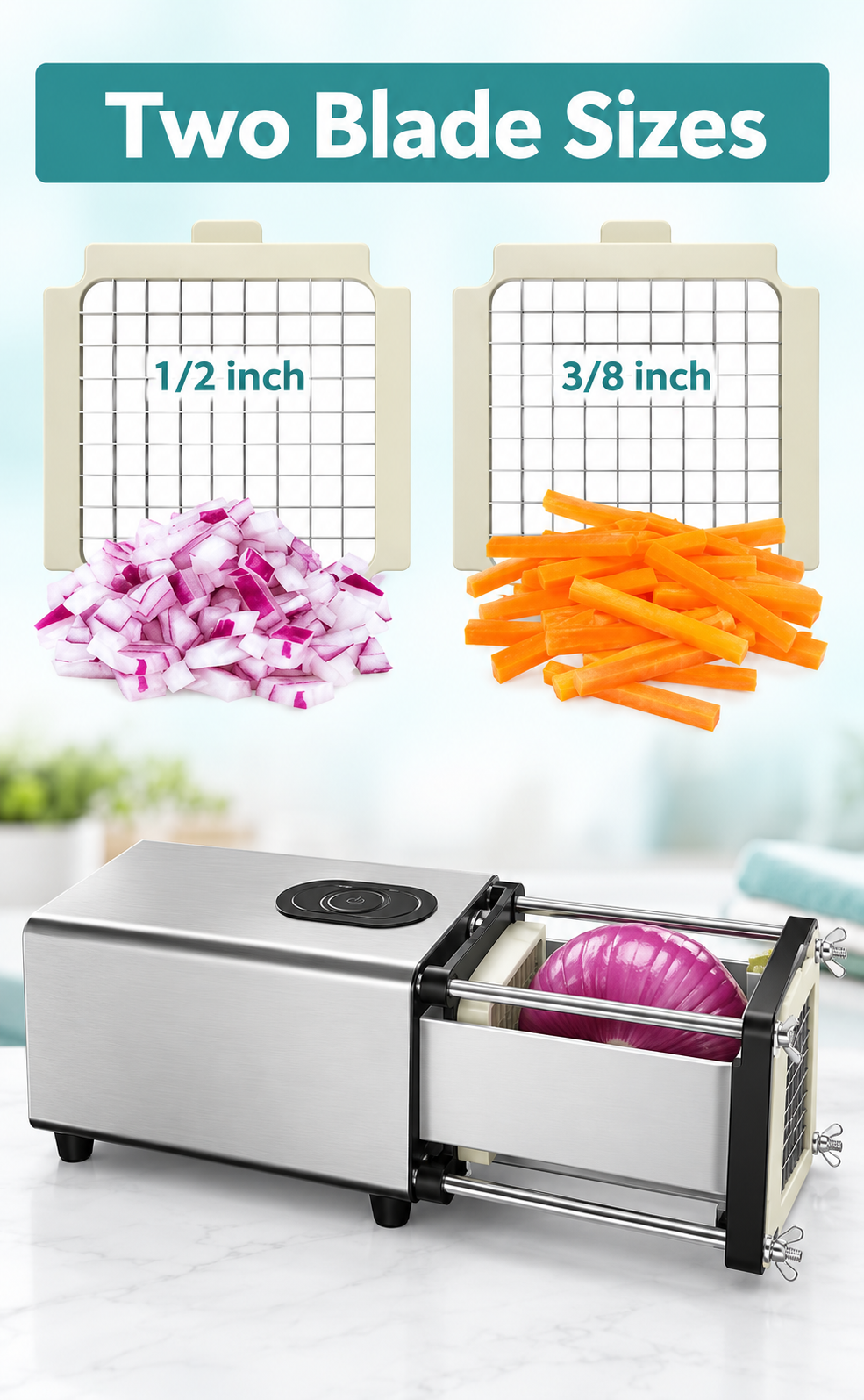 Electric French Fry Cutter, Commercial Grade Potato Chip Cutter with 1/2" 3/8" Blade, Stainless Steel, Use for Potato Onion Cucumbers Vegetable_img_2