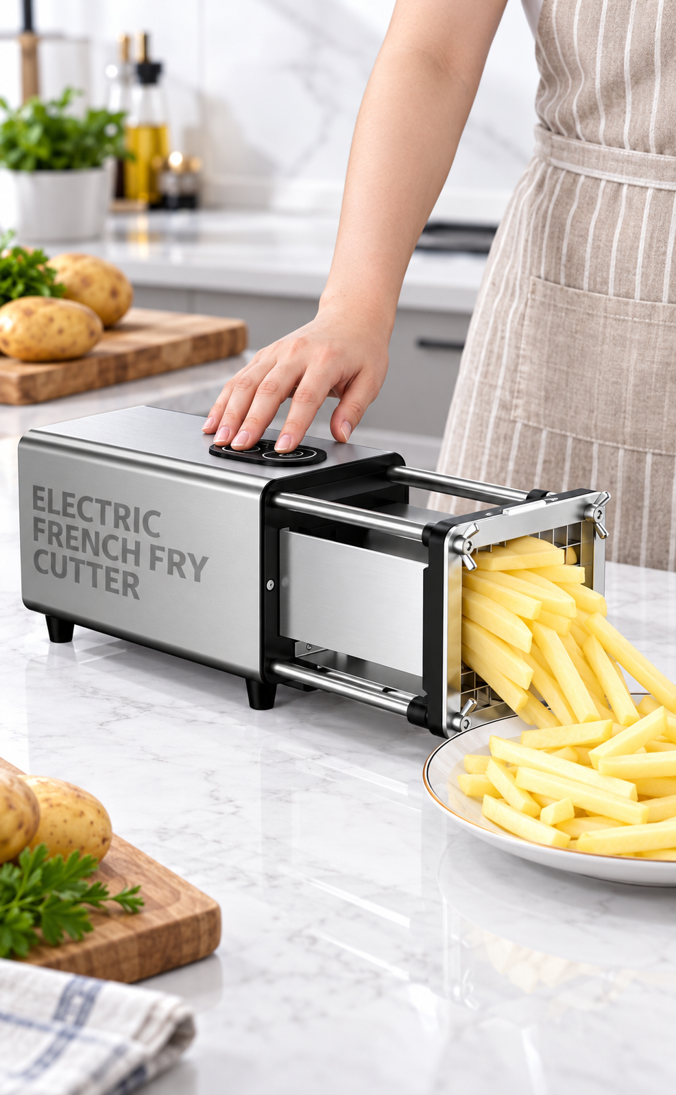 Electric French Fry Cutter, Commercial Grade Potato Chip Cutter with 1/2" 3/8" Blade, Stainless Steel, Use for Potato Onion Cucumbers Vegetable_img_1