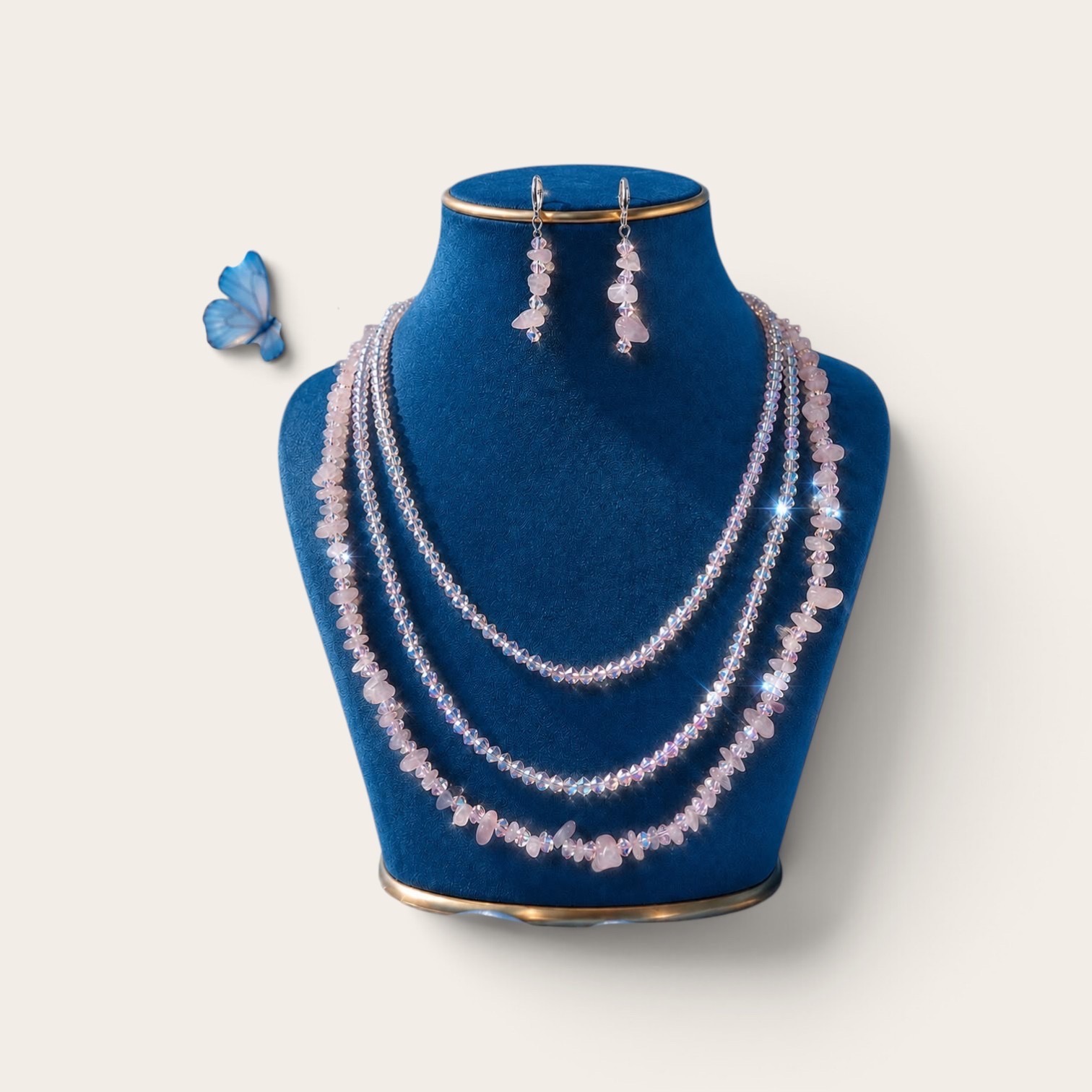Baby Pink 3-Layer Necklace & Simple Earrings Set