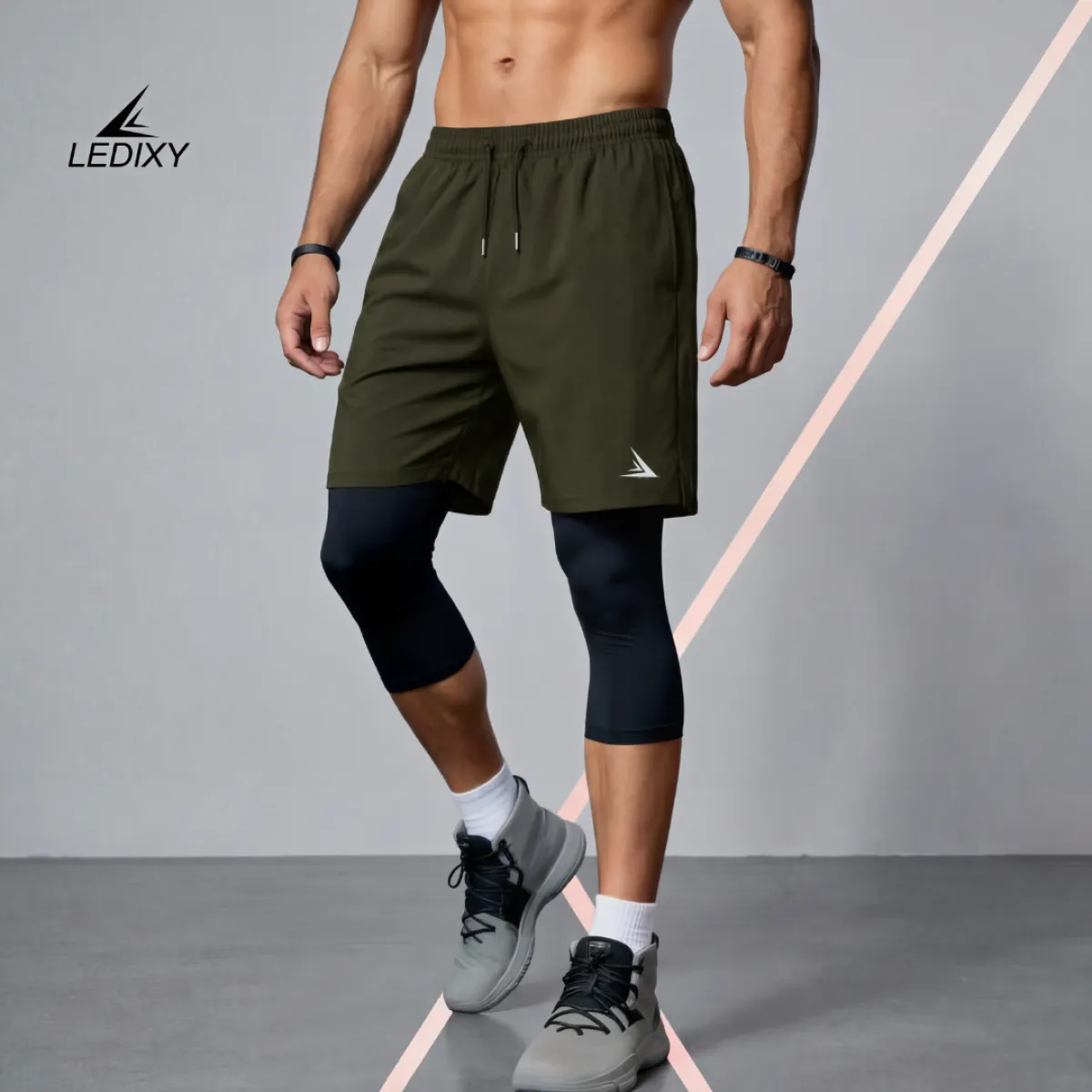 2in1 3/4 Compression Leggings + Shorts Dark Olive