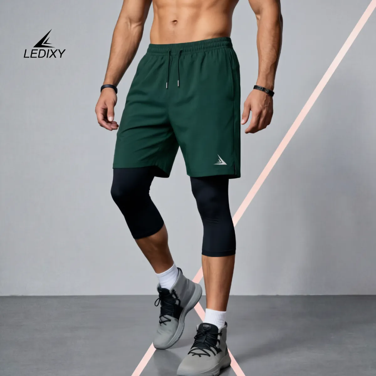 2in1 3/4 Compression Leggings + Shorts Dark Green