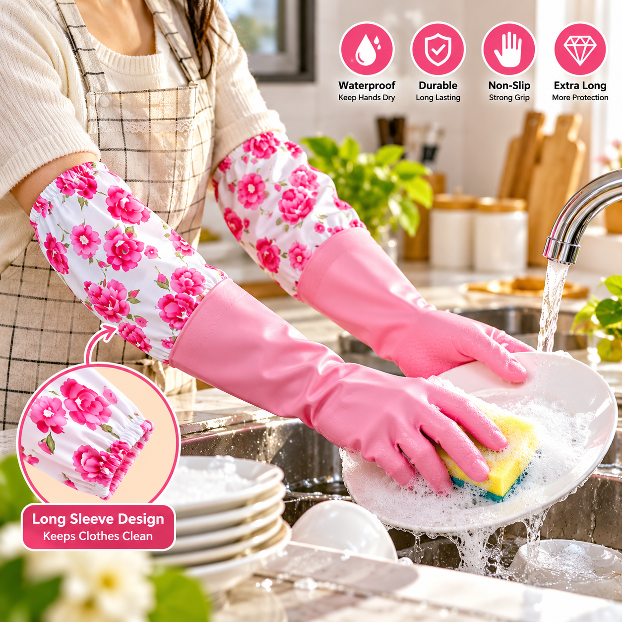 Long Silicone Kitchen Gloves with Inner Foam Padding – Thick, Waterproof & Non-Slip Hand Protection_img_4