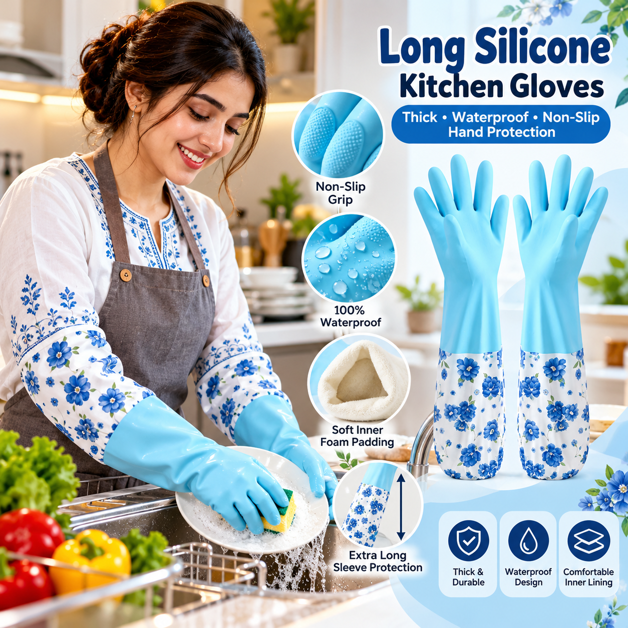 Long Silicone Kitchen Gloves with Inner Foam Padding – Thick, Waterproof & Non-Slip Hand Protection