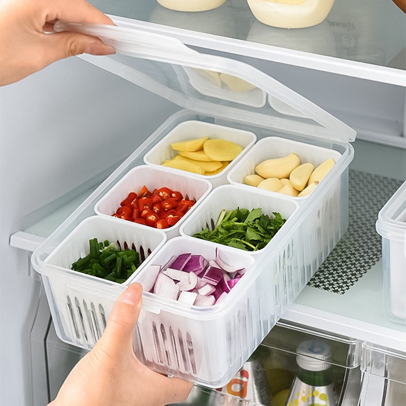 6-Compartment Vegetable & Seasoning Storage Box with Lid