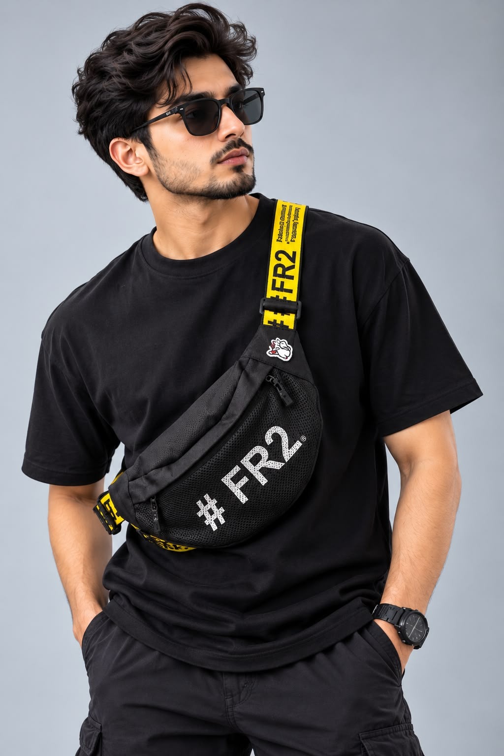 FR2 Premium Black Crossbody Bag with Yellow Adjustable Strap