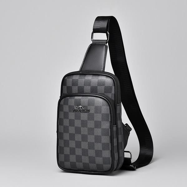 Men's Checkered Leather Sling Bag – Black Crossbody Chest Bag with Adjustable Strap
