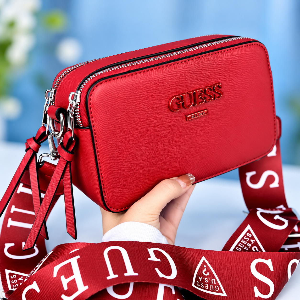Women's Red Camera Style Crossbody Bag – Wide Logo Strap Shoulder Bag | Exclusive Gallery BD