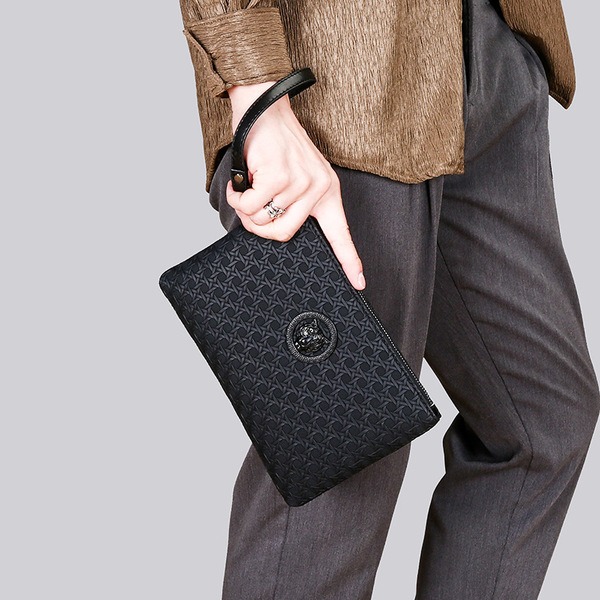 Men's Embossed Hand Pouch Bag – Black Clutch with Wrist Strap