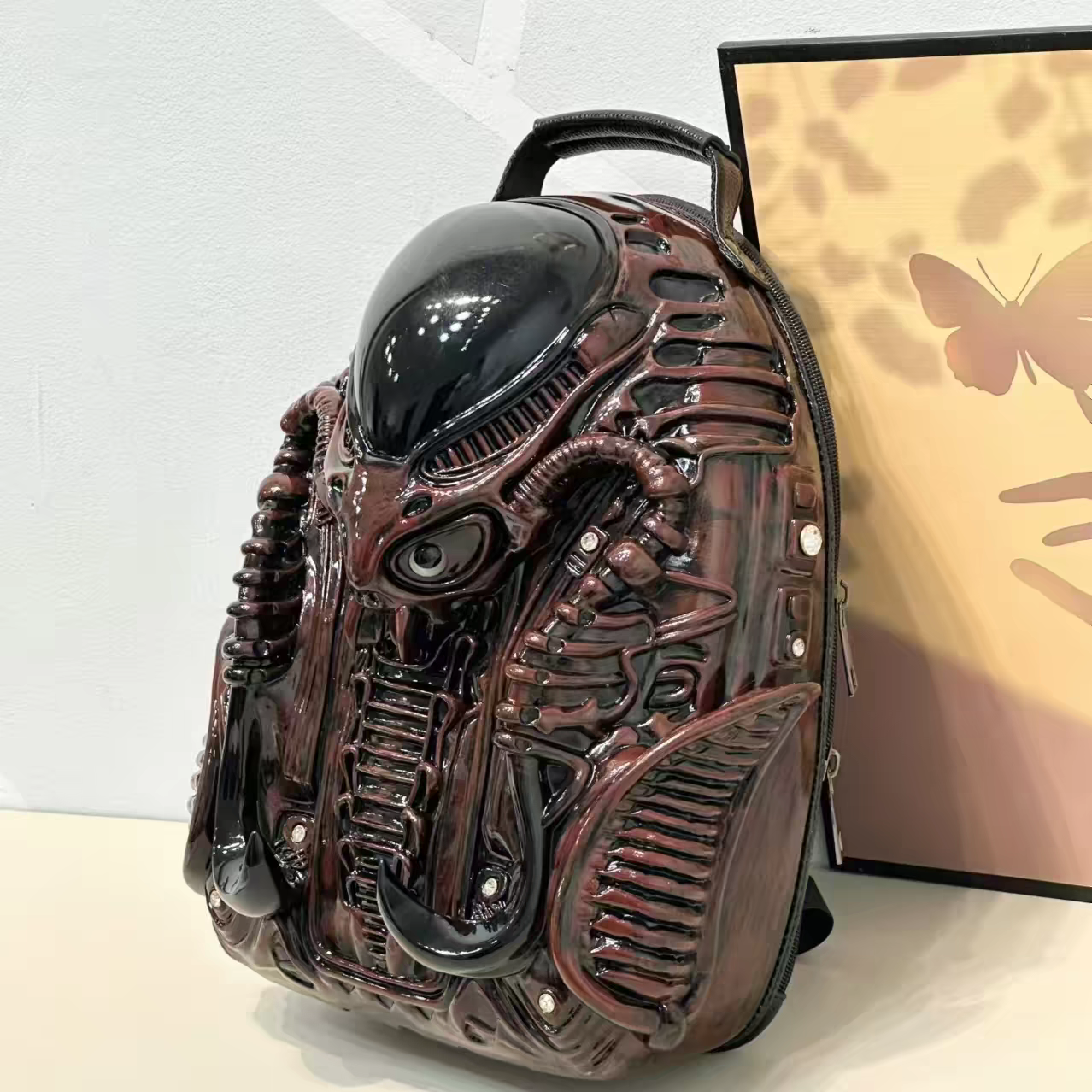 3D Biomechanical Sci-Fi Backpack – Glossy Hard Shell Gothic Punk Bag, Unisex