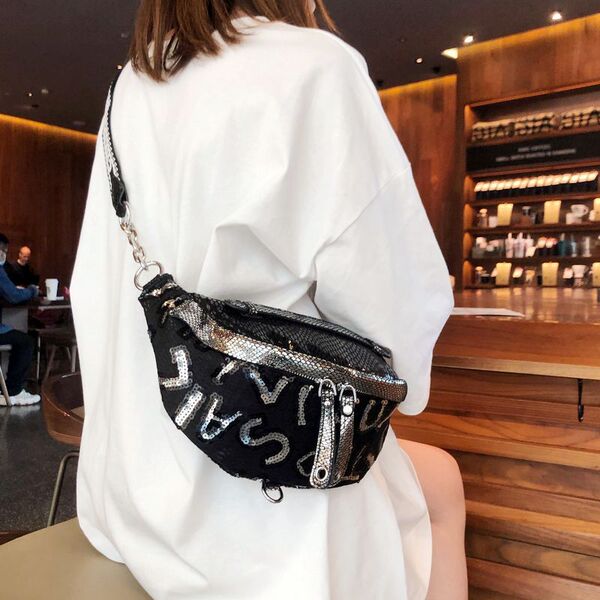 Women's Sequin Letter Print Waist Bag – Black & Silver Sling Chest Bag with Chain Strap