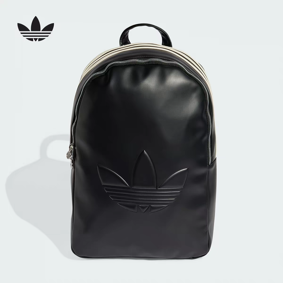 Adidas-Style Black Leather Look Backpack – Embossed Trefoil Logo, Unisex
