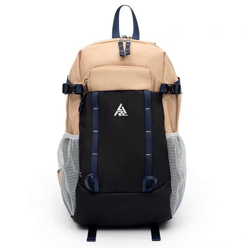 Two-Tone Outdoor Backpack – Navy Blue & Beige Casual Hiking Bag with Mesh Side Pocket, Unisex