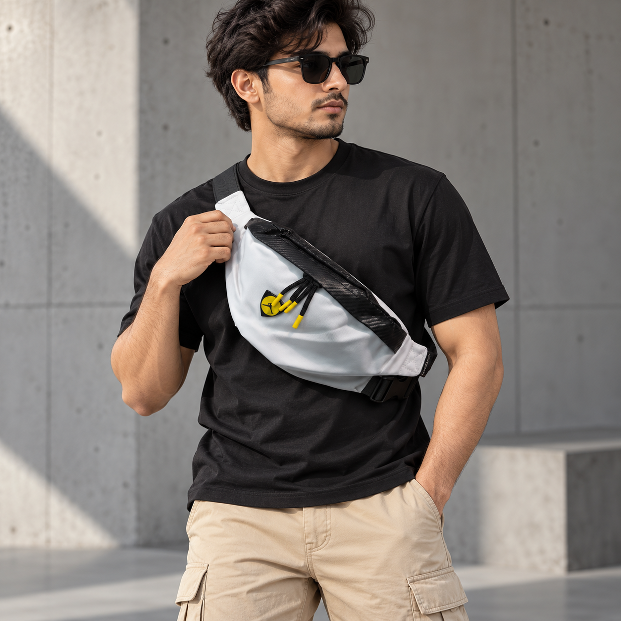 Premium White & Black Sports Chest Bag with Yellow Accents