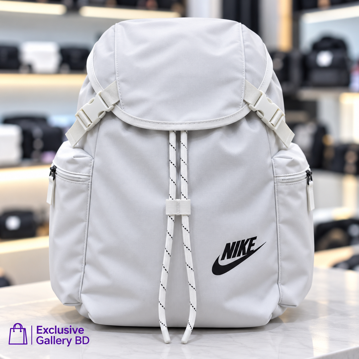 Nike-Style White Backpack – Stylish Casual & College Bag with Side Pockets