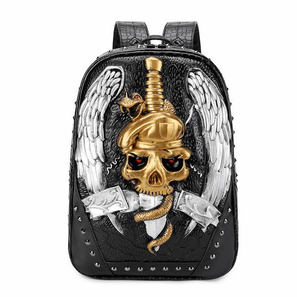3D Skull & Wings Backpack – Gothic Punk Rivet Bag for Men & Women