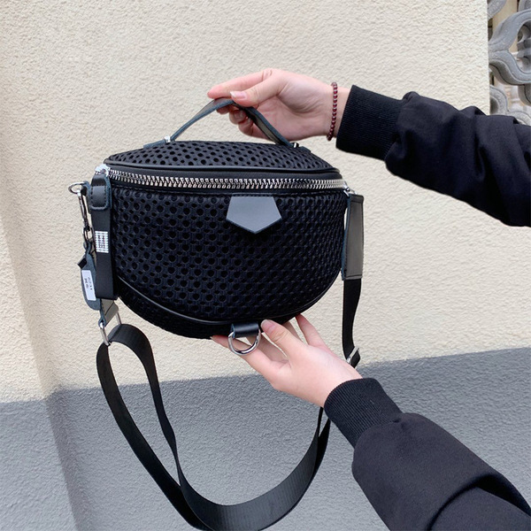Women's Black Mesh Sling Bag – Crossbody Half-Moon Bag with Adjustable Strap