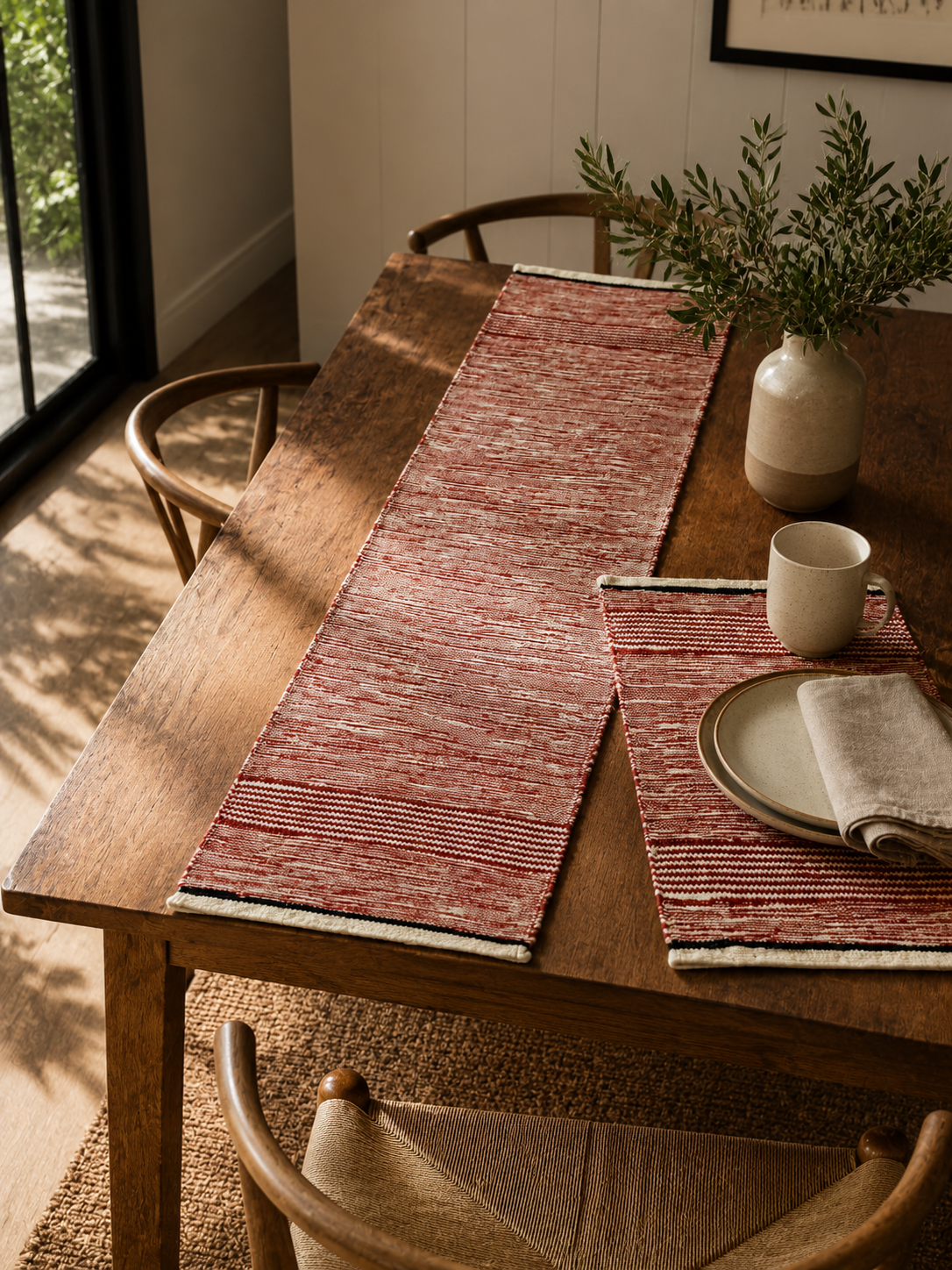 "Rust & Cream" Sienna Ribbed Jute Cotton Table Runner Set (7 Pcs)
