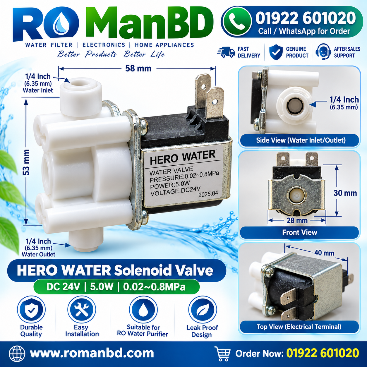 RO Water Solenoid Valve – DC 24V, 5W, 1/4 Inch