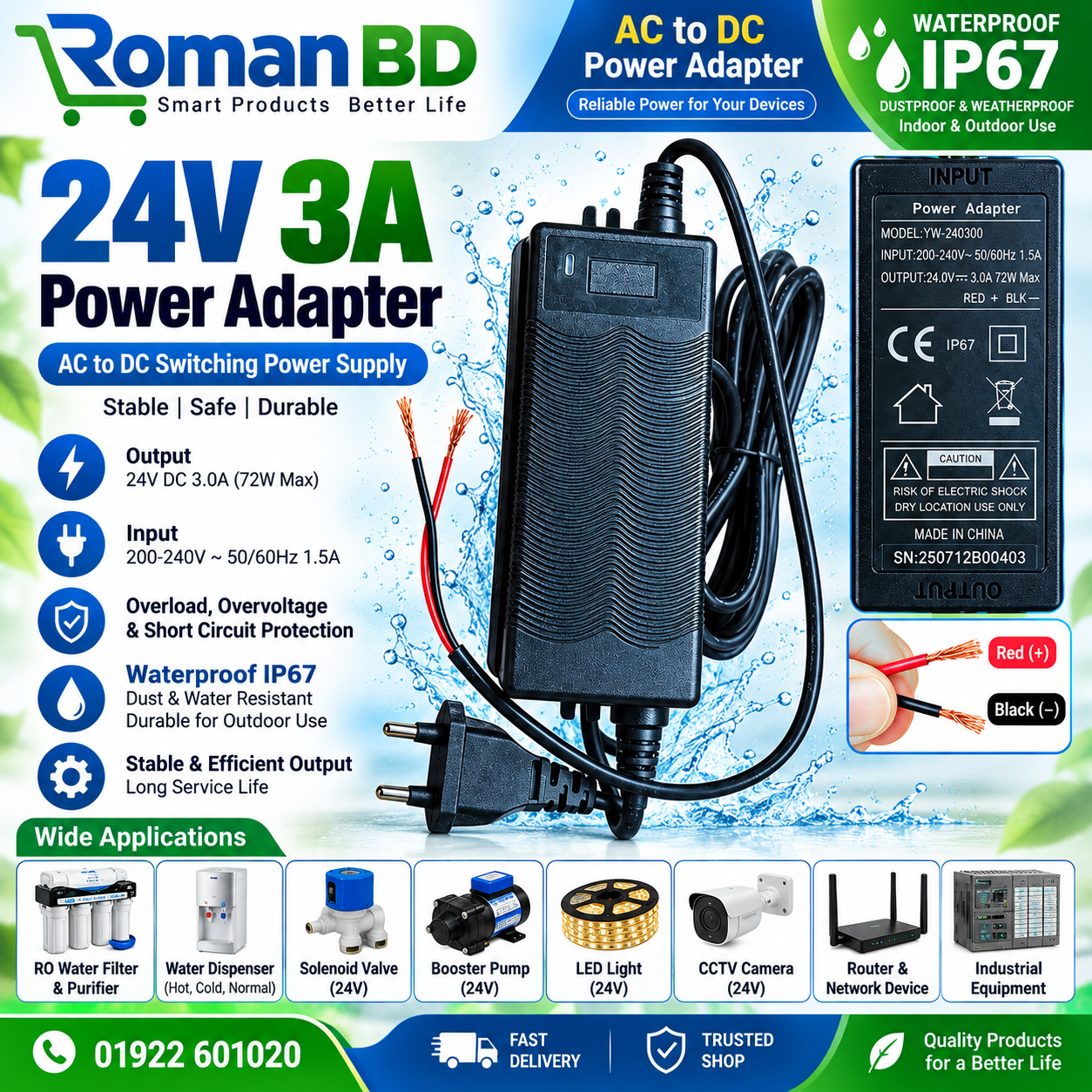 3A (72W Max) IP67 Waterproof AC to DC Switching Power Adapter