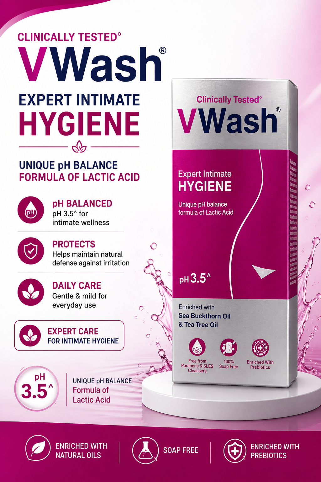 VWash Expert Intimate Hygiene Wash with Lactic Acid & Sea Buckthorn Oil (pH 3.5)