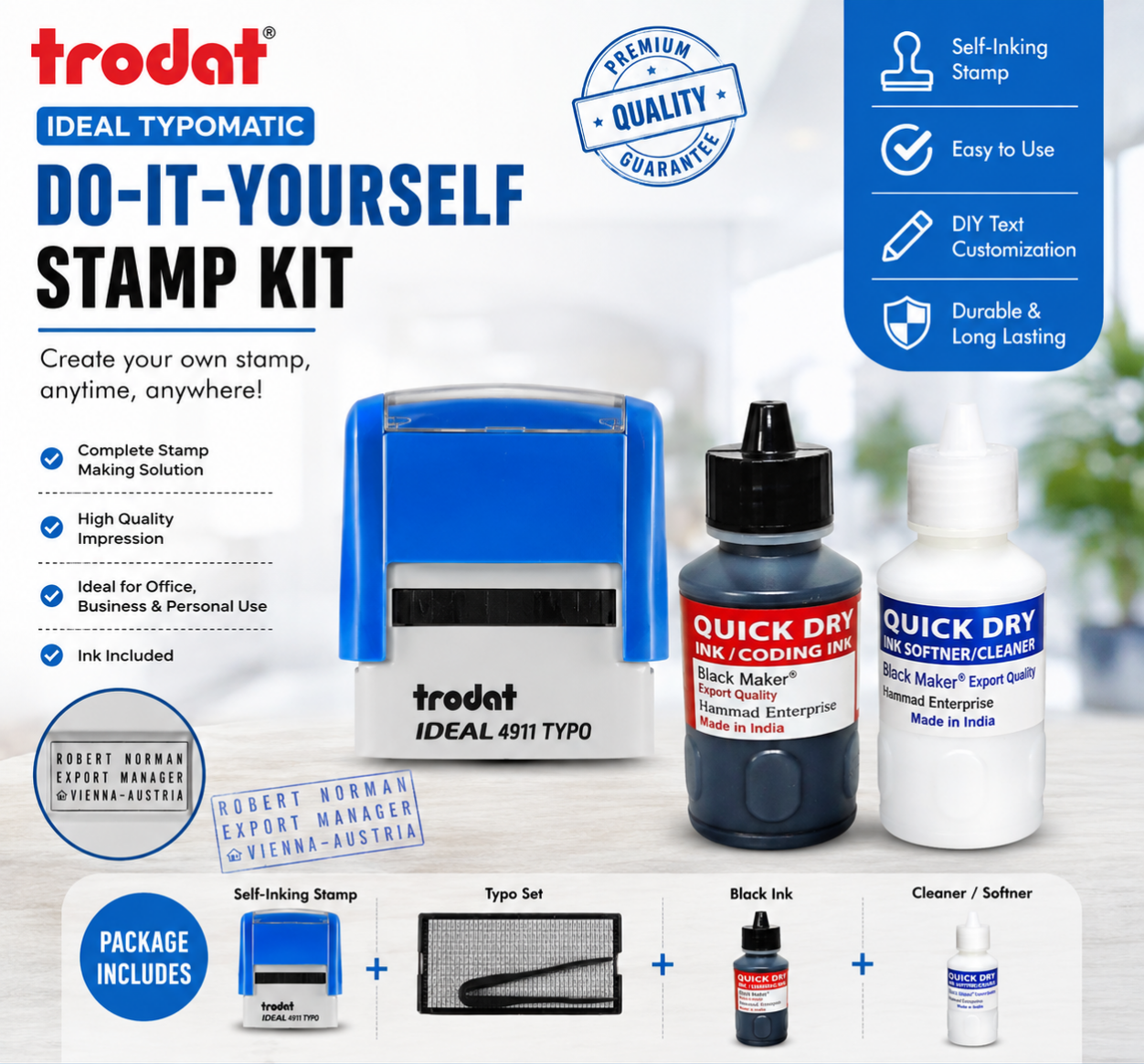 Trodat Ideal 4911 Typomatic Do-It-Yourself Self-Inking Rubber Stamp Kit Quick Dry Coding Ink (100ml) and Ink Softener/Cleaner (100ml) Full Package