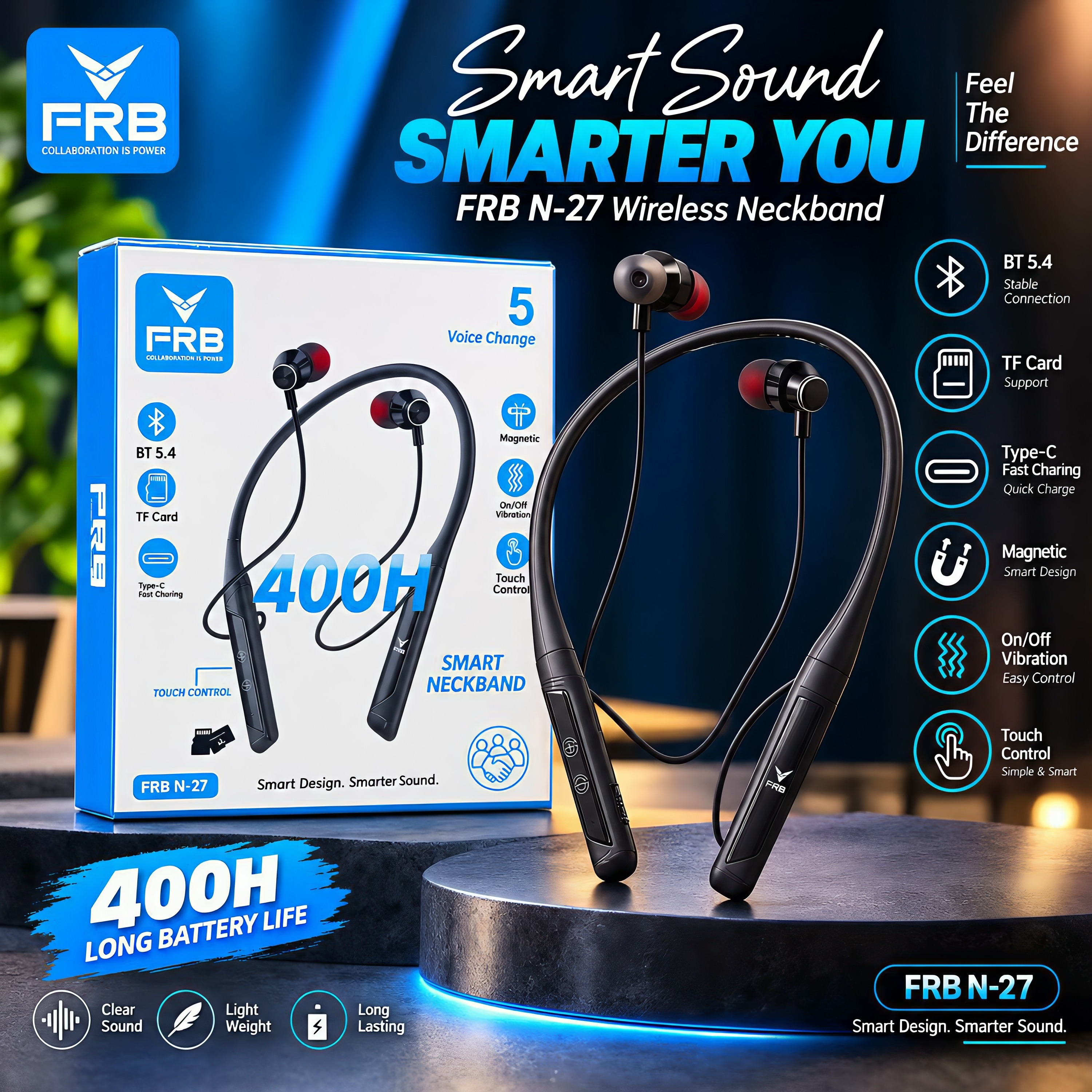 FRB N27 Wireless Neckband Bluetooth 5.3 Earphone – 400 Hours Standby, 5 Voice Changer, TF Card & Vibration Call Alert