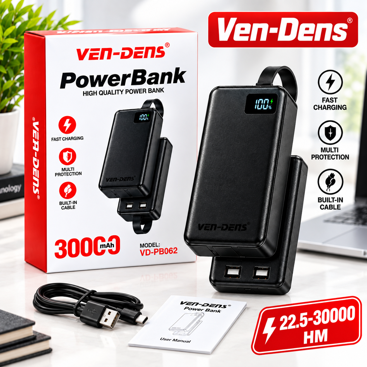 Ven-Dens VD-PB062 Power Bank – 30000mAh