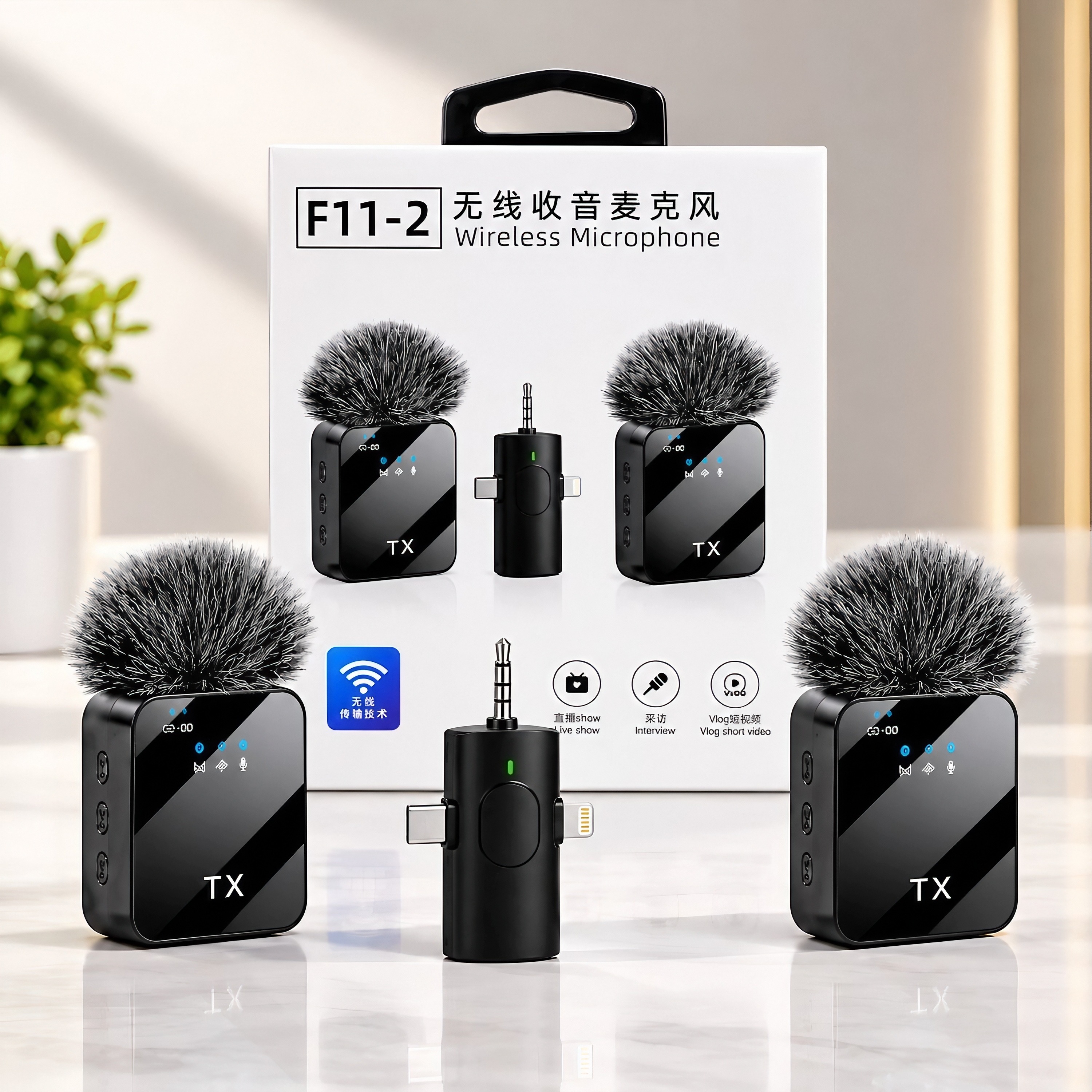 F11-2 Wireless Microphone Set with Dual Microphones for Vlogging & Live Streaming