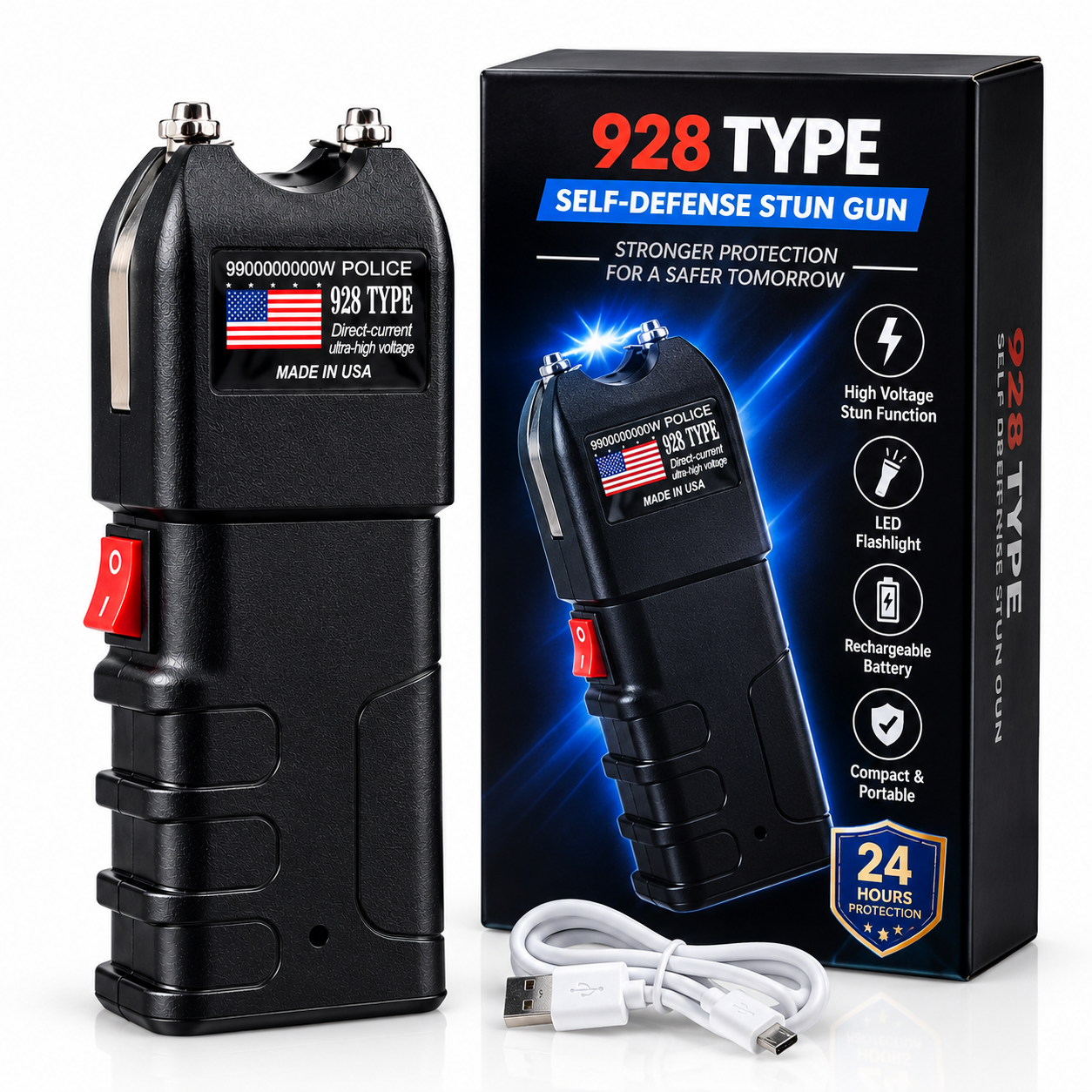 928 Self-Defensive Flashlight with LED Light – Rechargeable Personal Safety Device