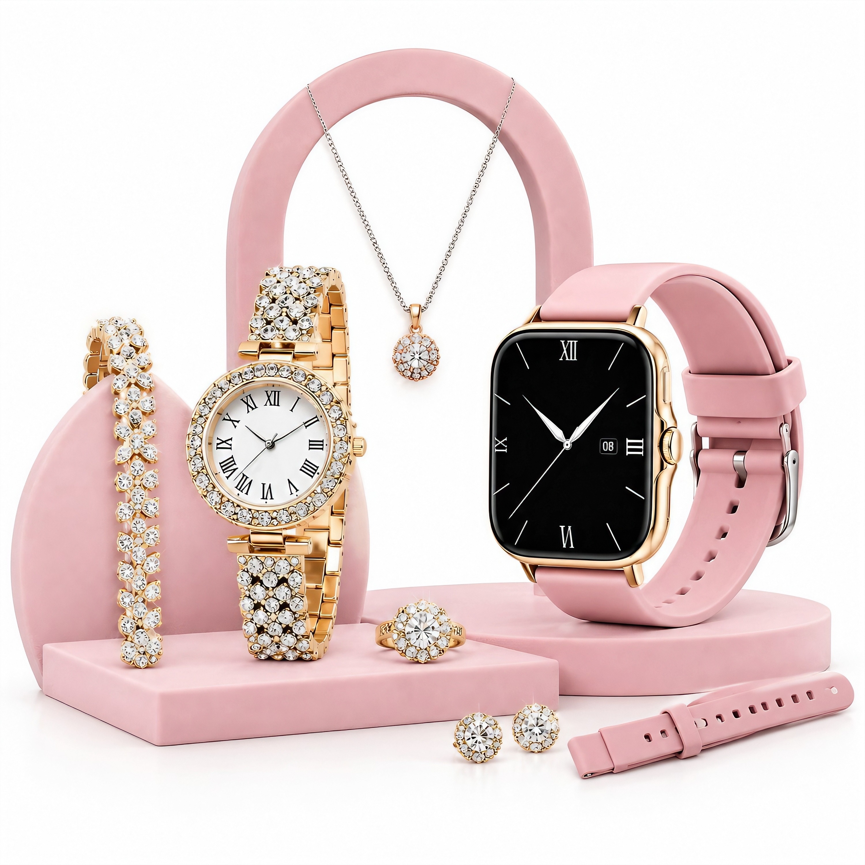 A59 Plus Smart Watch Combo Gift Set for Girls – 2.01 Inch Smartwatch, Necklace, Earrings, Bracelet & Ring