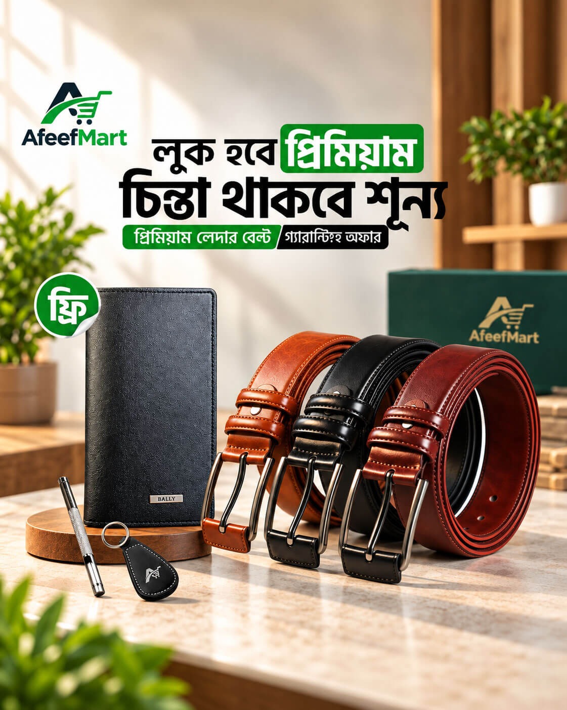 ৩ পিস বেল্ট কম্বো। সাথে ওয়ালেট, কি রিং এবং পাঞ্জহোল ফ্রি
