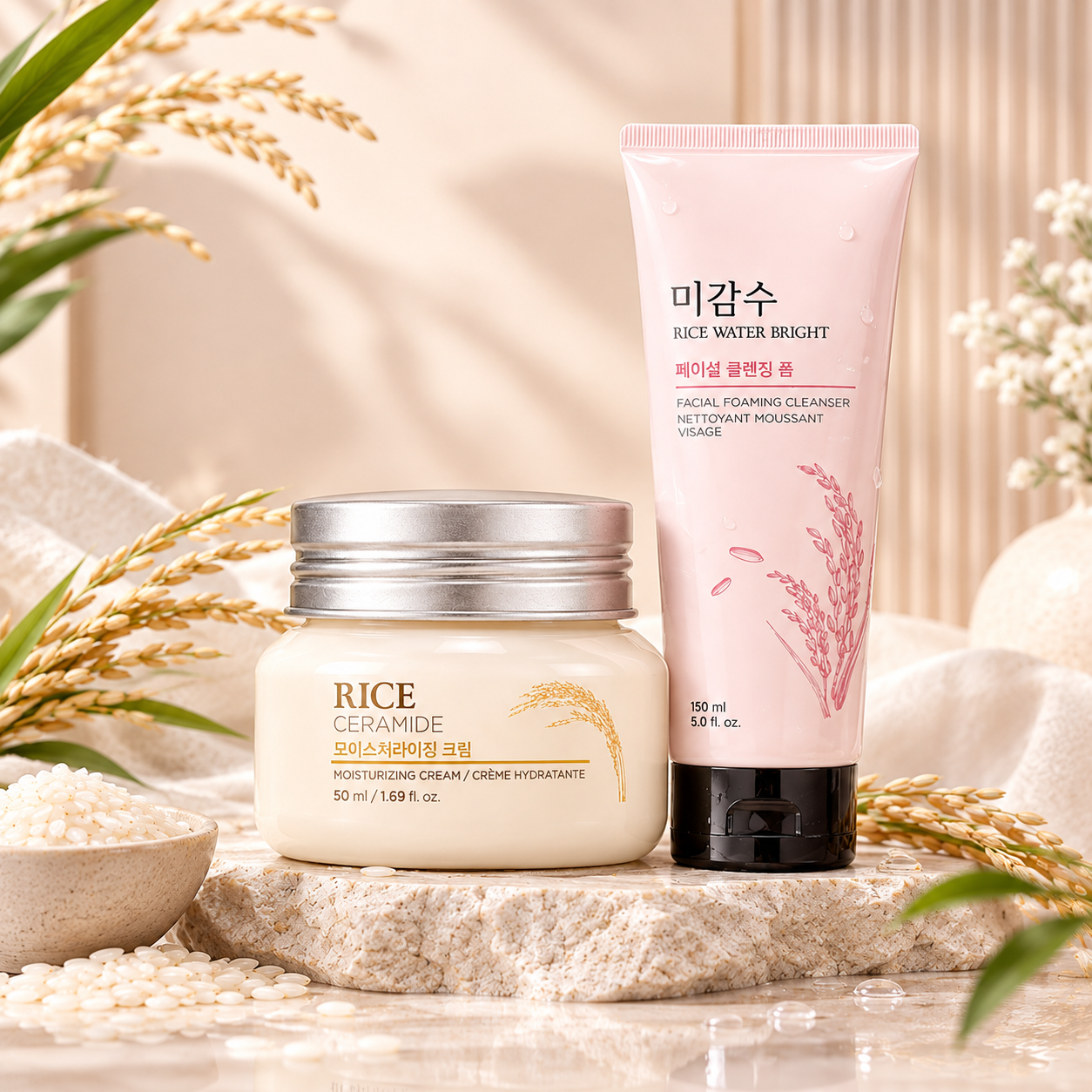 The Face Shop Rice Skincare Combo Rice Water Bright Cleanser 150ml + Rice Ceramide Cream 50ml_img_1