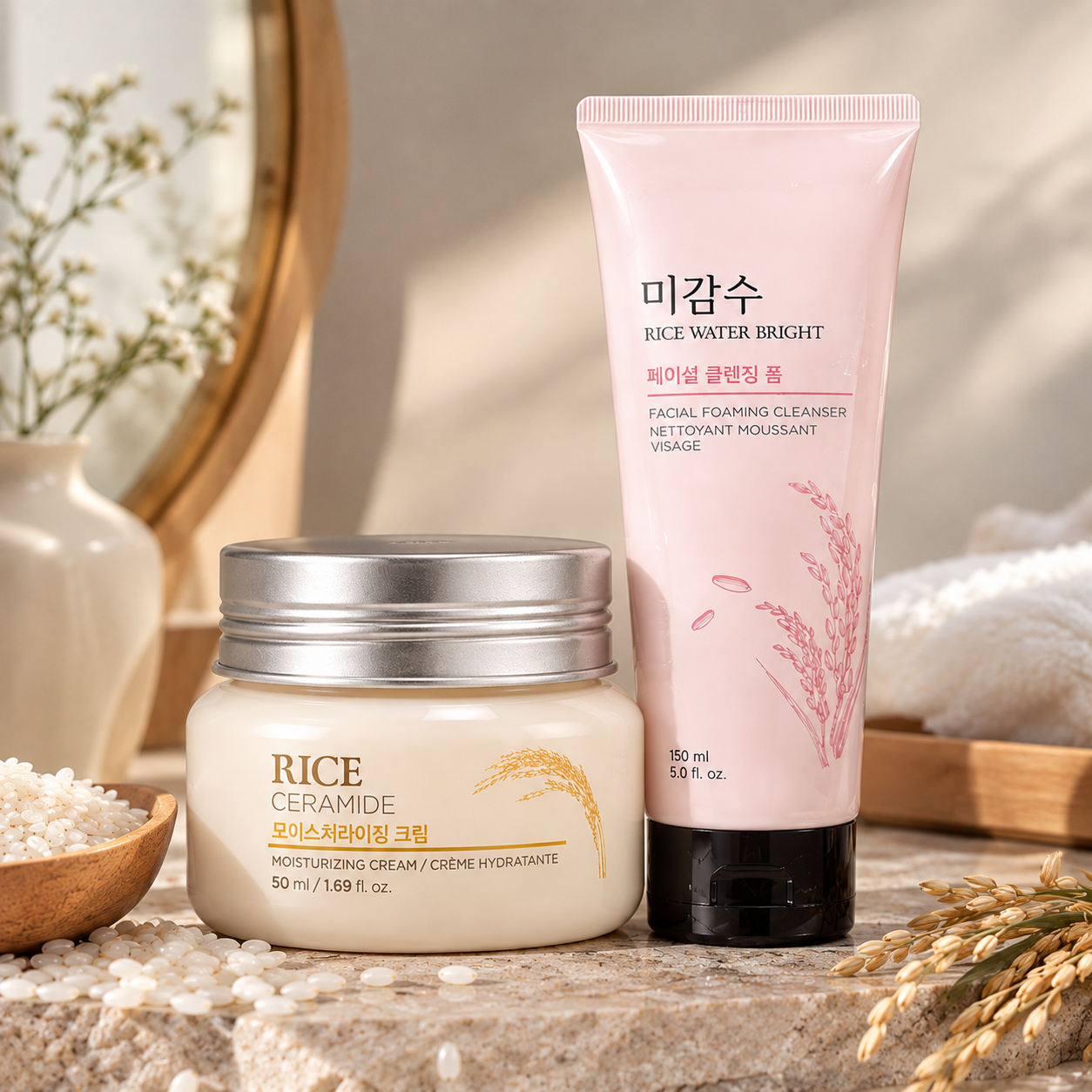 The Face Shop Rice Skincare Combo Rice Water Bright Cleanser 150ml + Rice Ceramide Cream 50ml