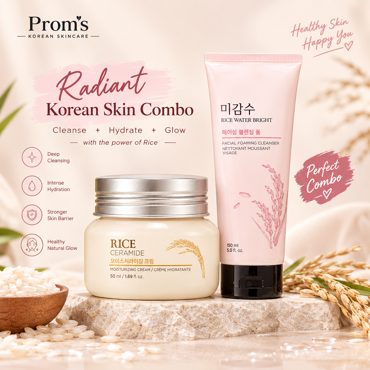 The Face Shop Rice Skincare Combo Rice Water Bright Cleanser 150ml + Rice Ceramide Cream 50ml_img_2