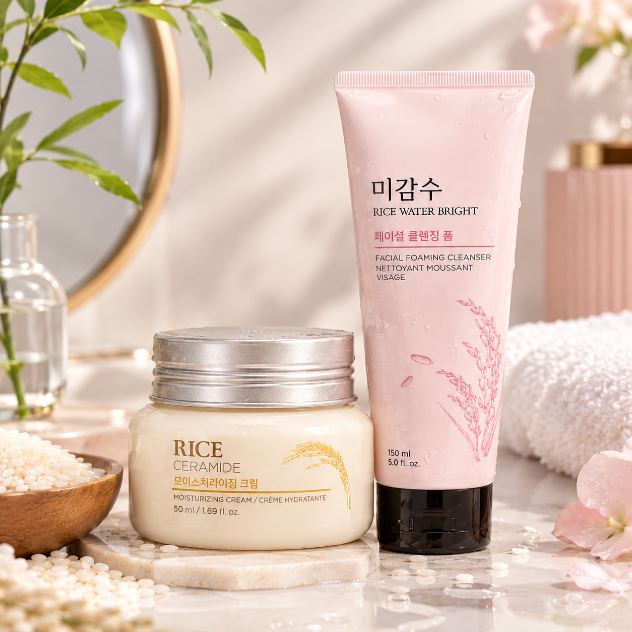The Face Shop Rice Skincare Combo Rice Water Bright Cleanser 150ml + Rice Ceramide Cream 50ml_img_3