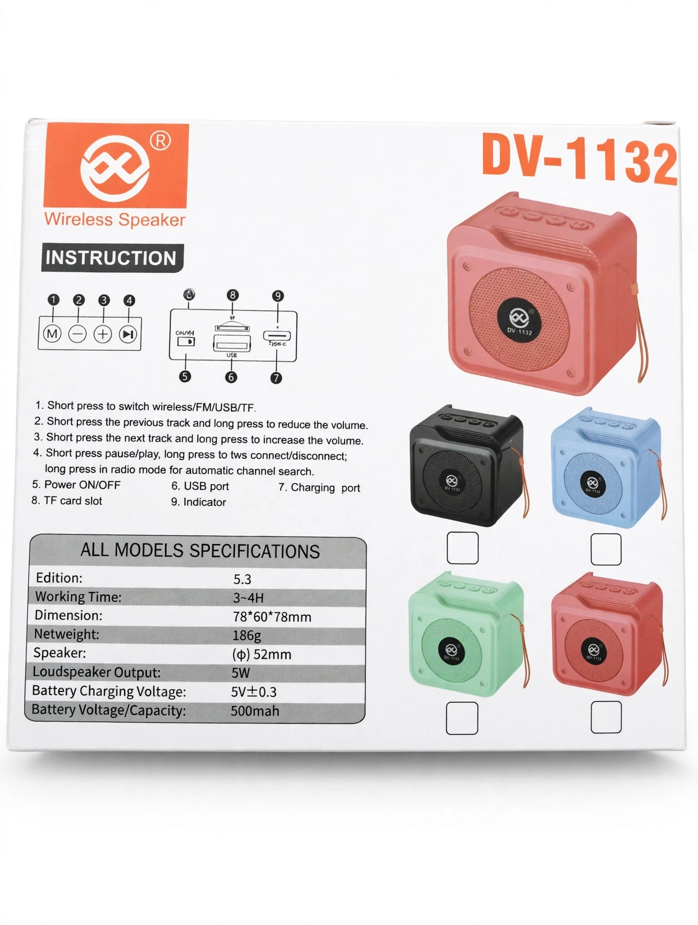 DV-1132 Mini Wireless Speaker - 5W Bass - 500mAh - BT 5.3