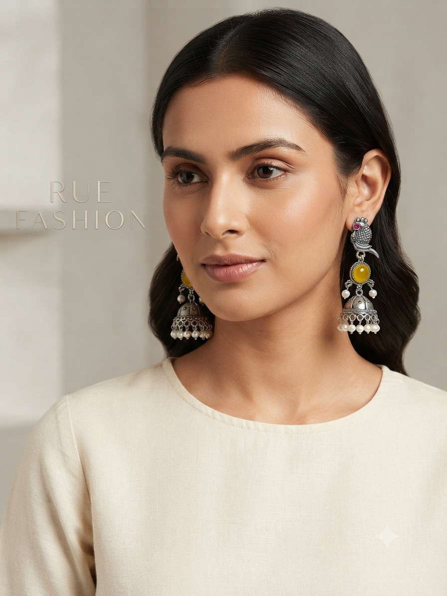 Silver Yellow Stone Parrot Jhumka