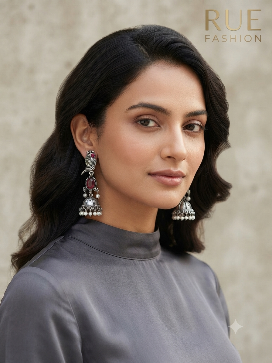 Silver Peacock Dangle Jhumka