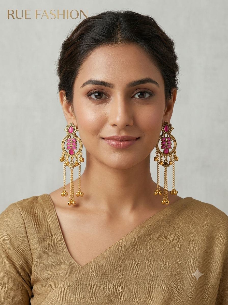 Golden Pink Leaf Tassel Earrings