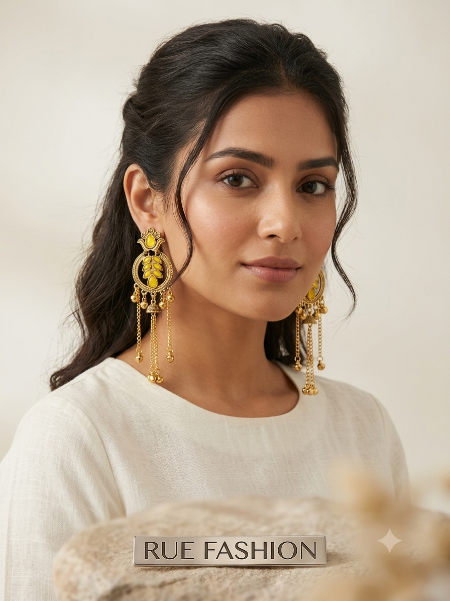 Golden Yellow Leaf Tassel Earrings