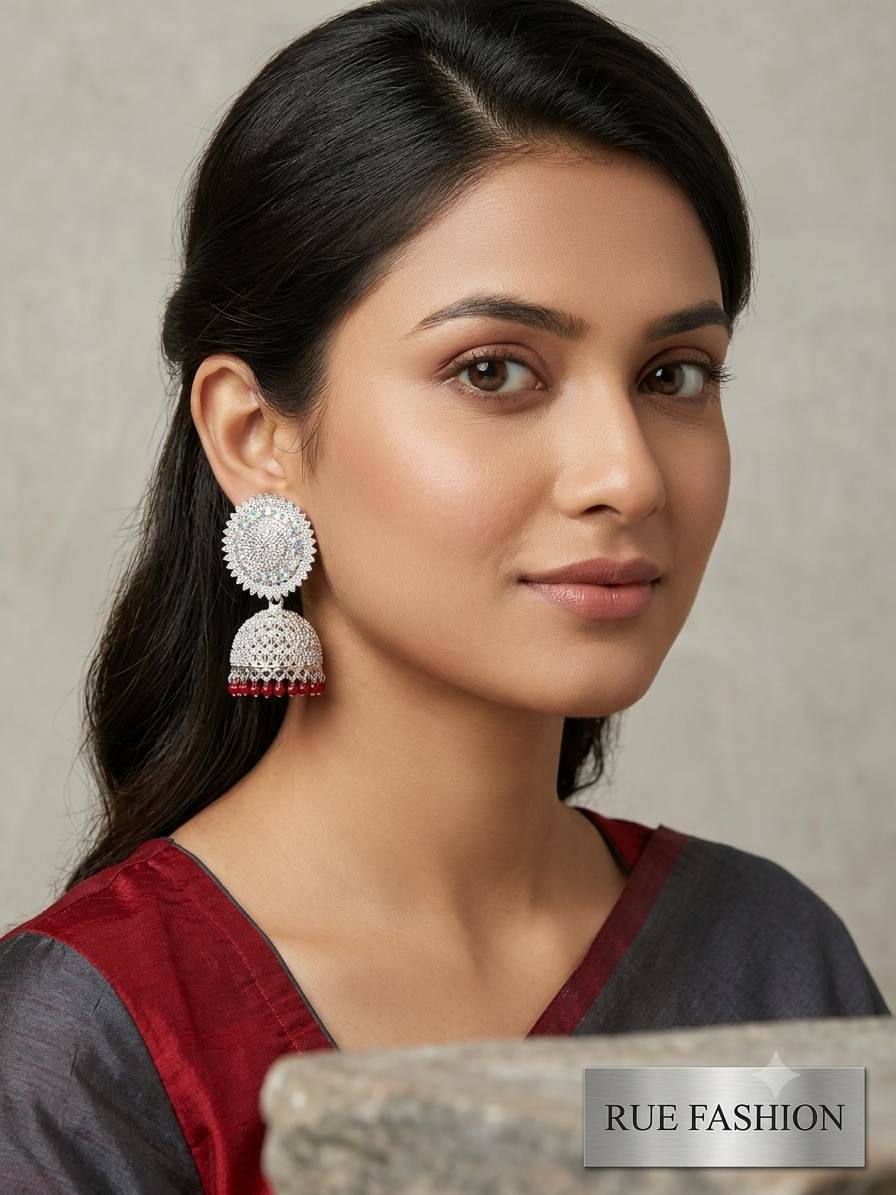 Ruby Red Beaded Silver Jhumka
