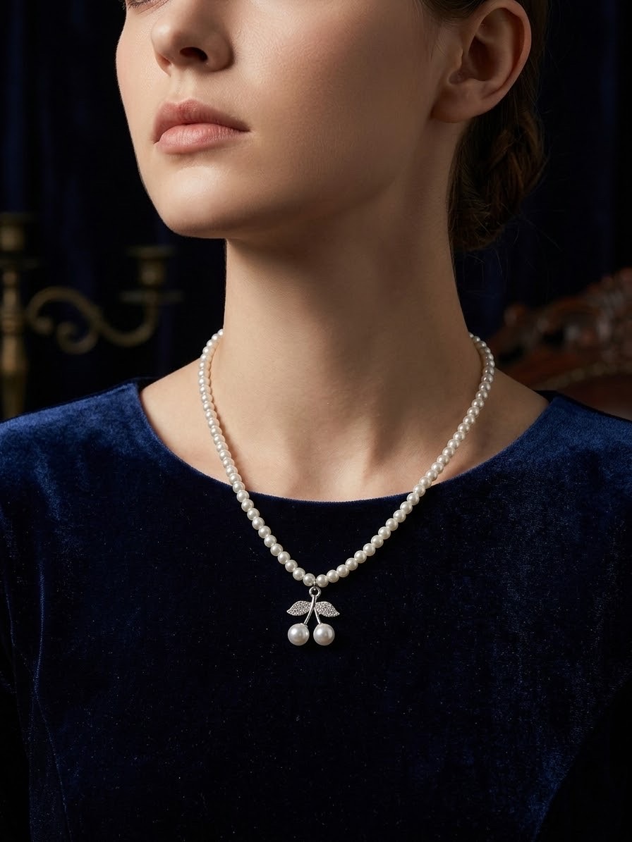 Twin Pearl Cherry Pendant Necklace 🍒