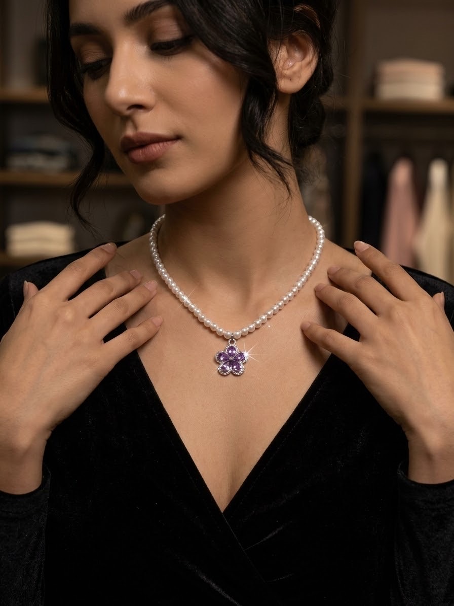Royal Violet Floral Pearl Necklace 🌸