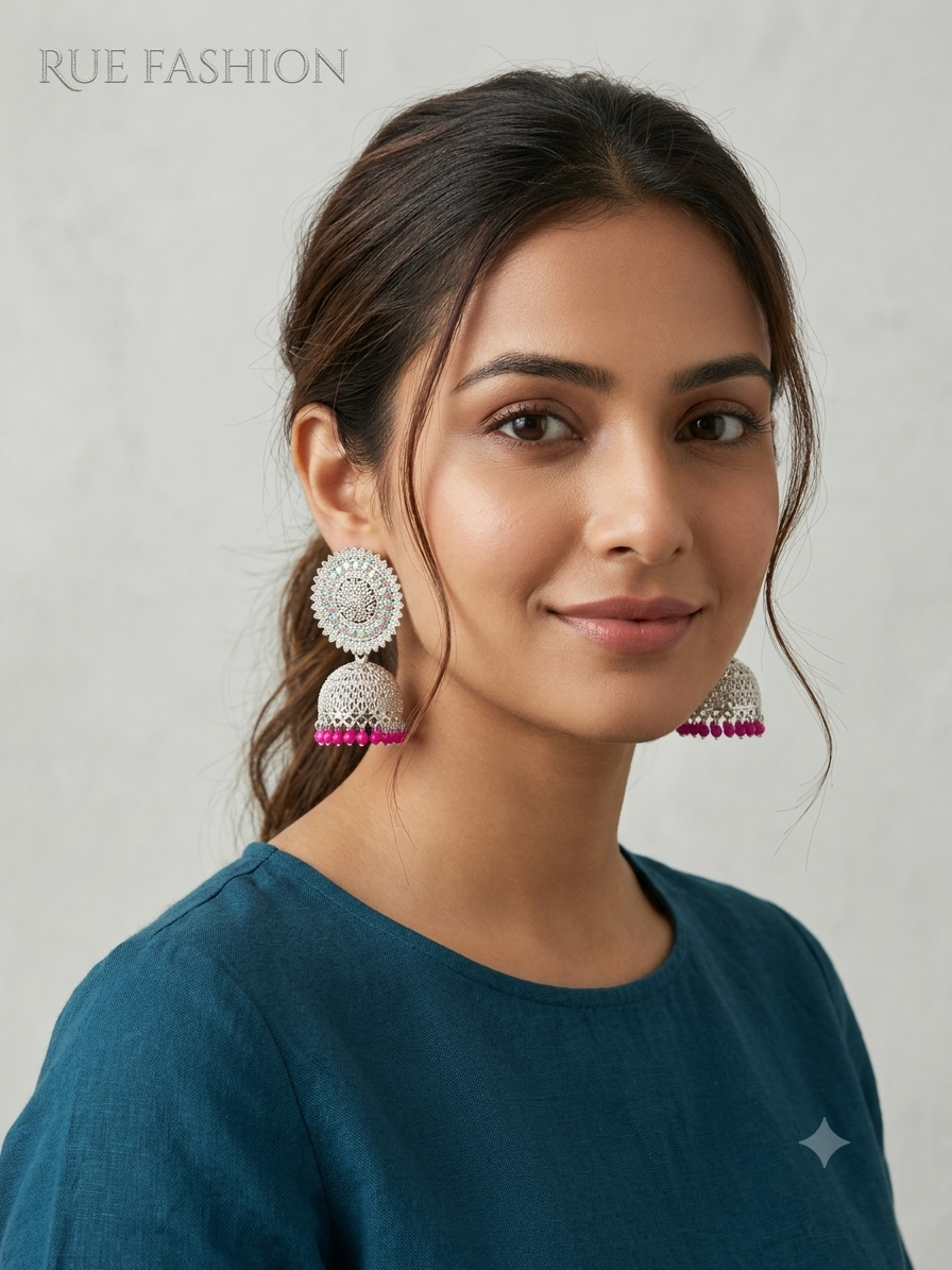 Magenta Beaded Silver Jhumka