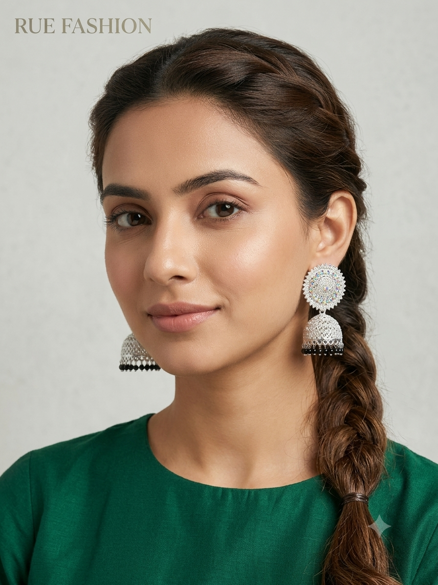 Black Beaded Silver Jhumka