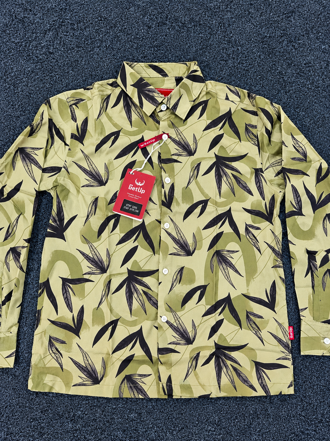 (Boxy fit) Olive Green Leaf Print Full Sleeve Shirt