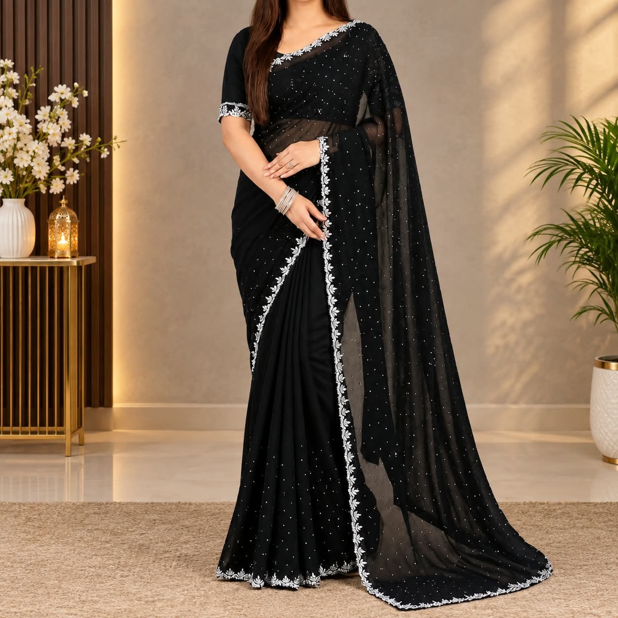Indian Georgette Stone Work Saree | VELNOR Fashion_img_2