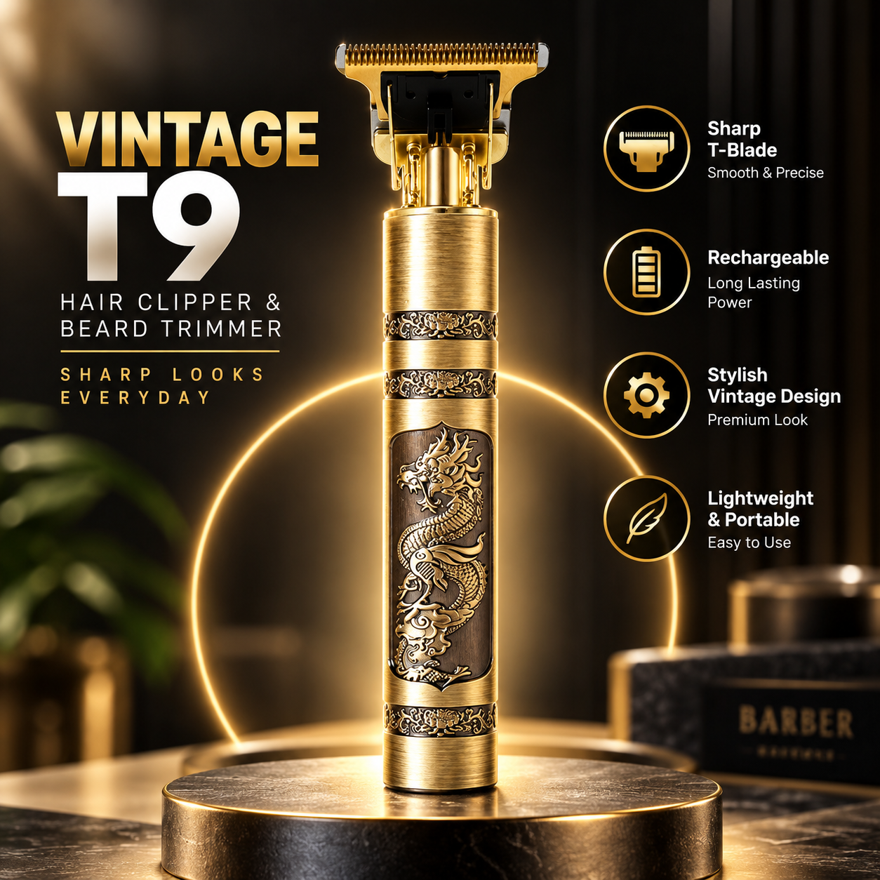 Rechargeable Vintage T9 Hair Clipper & Beard Trimmer – Cordless Stainless Steel Men’s Grooming Kit with USB Charging, 360-Degree Close Shave & 120-Min Battery Life_img_1