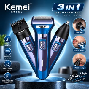 Kemei KM-6330 3-in-1 Rechargeable Hair Trimmer, Electric Shaver & Nose Clipper Grooming Kit – Universal Voltage, 60-Min Runtime & 4 Guide Combs_img_0