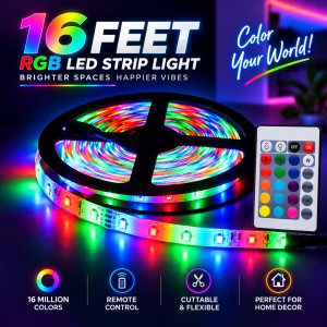 16 Feet RGB Remote Control LED Strip Light – Color Changing Flexible Strip with Flash, Strobe & Smooth Modes for TV Backlight, Gaming Setup & Room Decor_img_0
